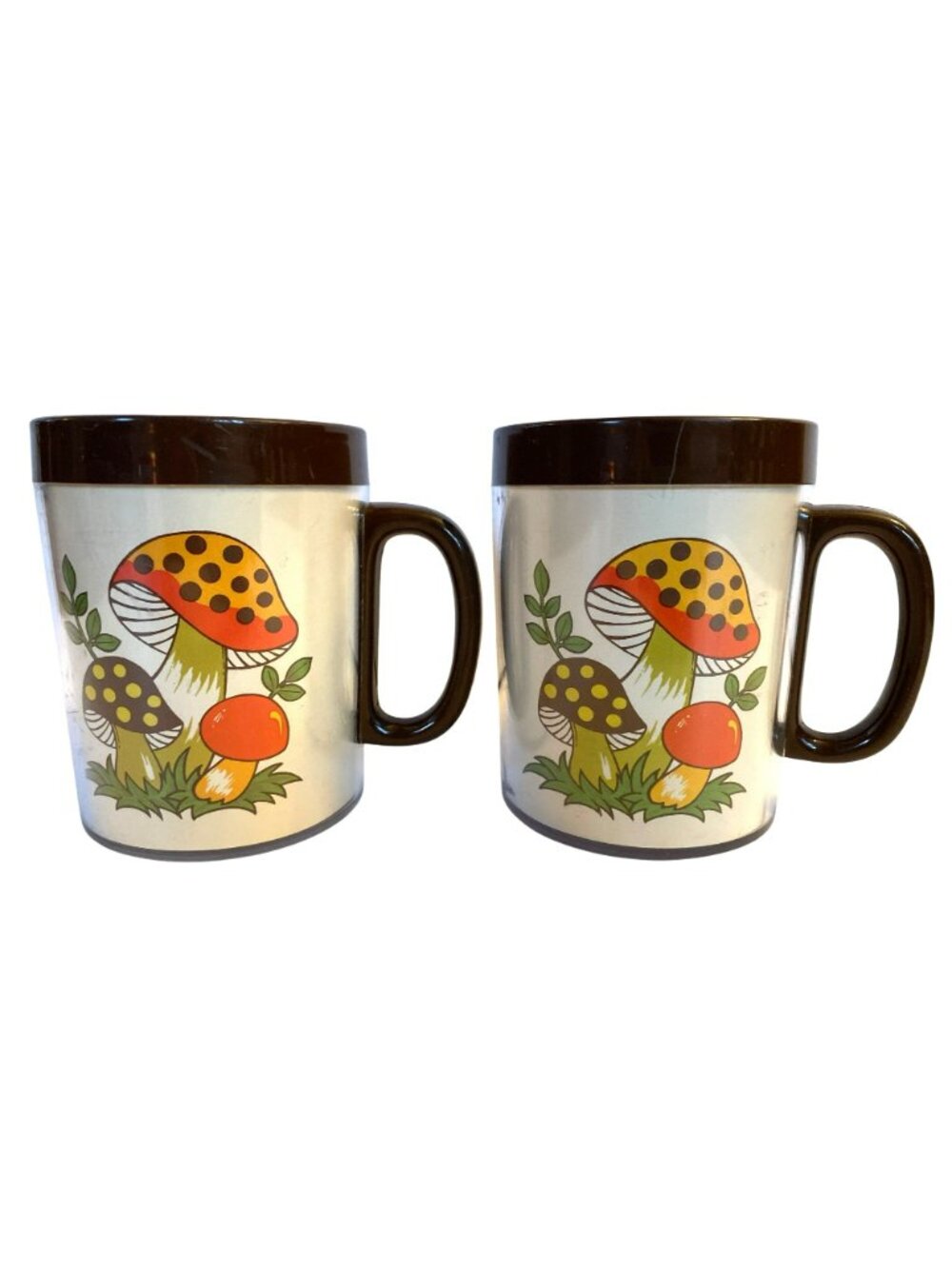 2 Vintage Sears Roebuck Merry Mushroom Thermo Serv Insulated Plastic Mugs 1970's - Picture 2 of 7